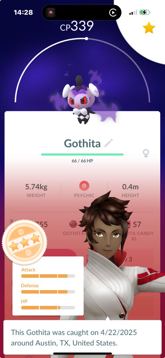 RandyMeadors's tweet photo. #pokemongo #threestar #shadow #Gothita #pokemon #ATX #AUSTIN #TEXAS https://t.co/YS0KWcn86k