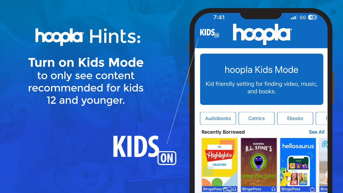 Kids Mode is a multi-format experience recommended for kids 12 and younger. 📖🎧📺 #hooplahint #kidsmode