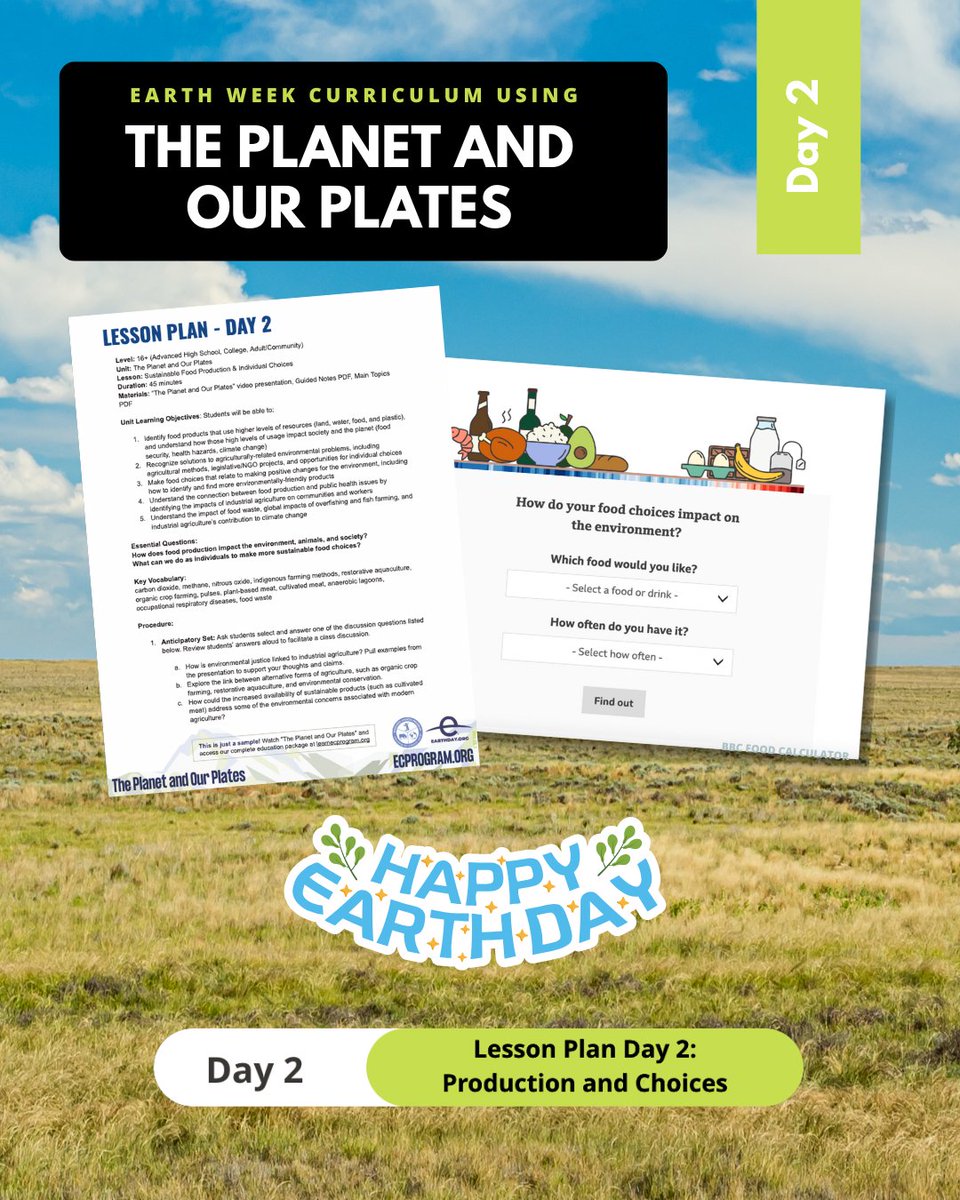🌍 Happy #EarthDay2025! What better way to celebrate than by empowering yourself and others to explore how their food choices impact the planet? 🌱💭🌾 Earth Week Day 2 is all about Sustainable Food Production &amp; Individual Choices: ecprogram.org/earth-day