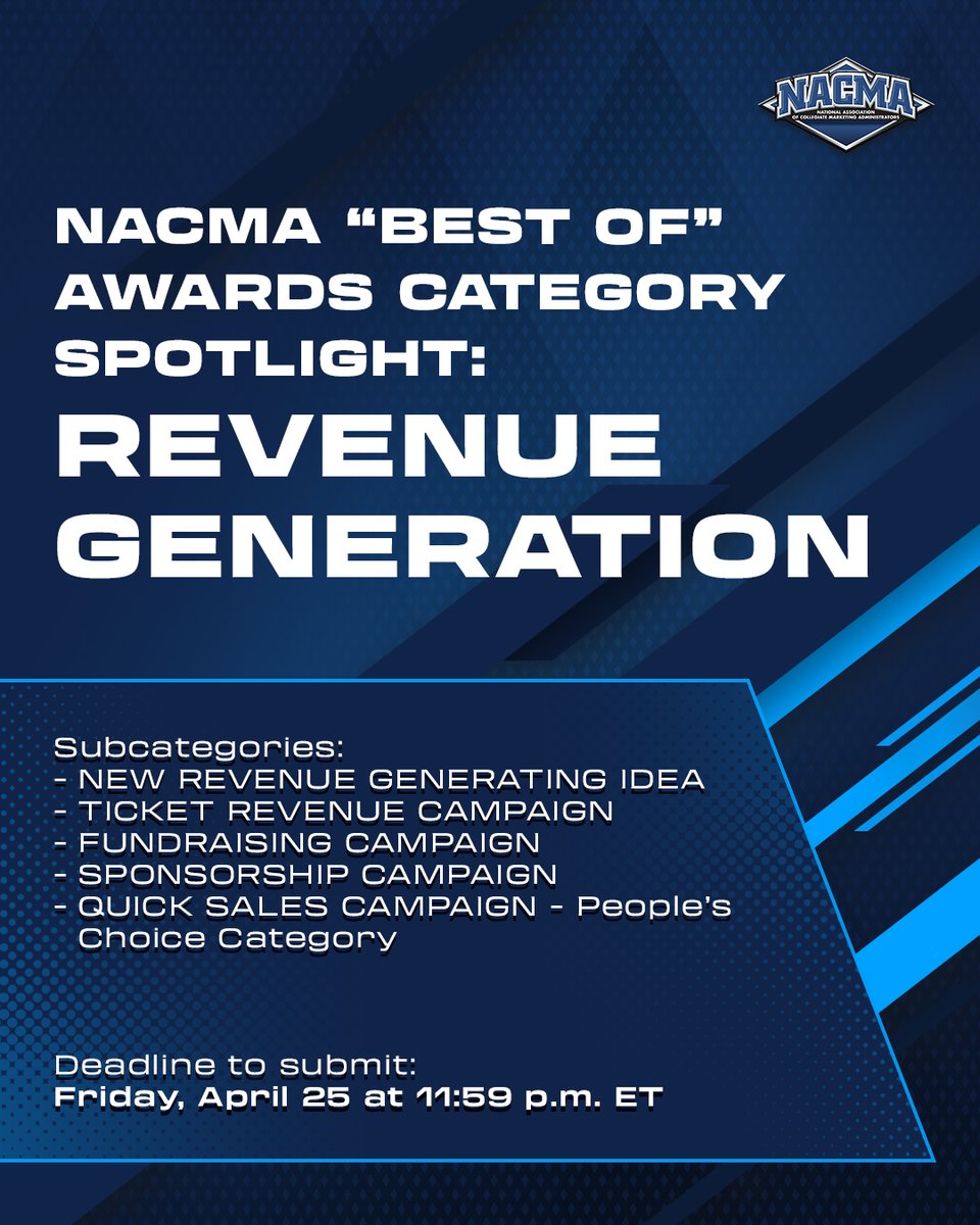 NACMA Awards category spotlight: Revenue Generation

Turned creativity into cash? This category’s for you. Submit by 4/25 

#NACMA | 🔗 nacda.com/news/2025/2/20…