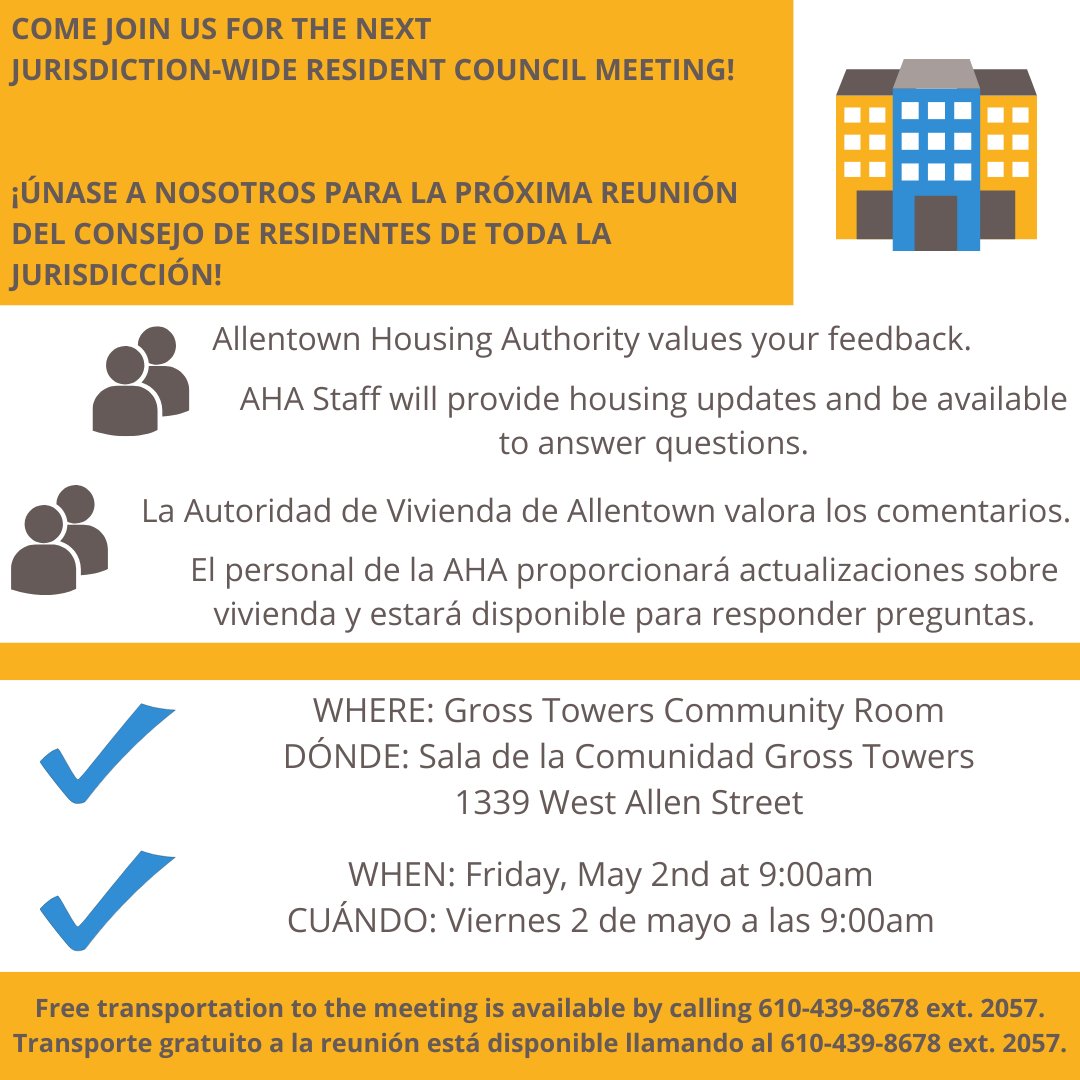 Come join us for the next Jurisdiction-wide Resident Council Meeting on May 2nd at 9am in the Gross Towers Community Room. Call 610-439-8678 ext. 2057 for any questions.