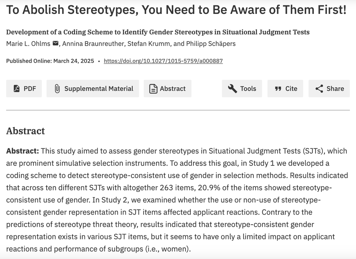 EJPAjournal's tweet image. Check out this new #OpenAccess study on gender stereotypes in Situational Judgment Tests (SJTs) at econtent.hogrefe.com/doi/10.1027/10…