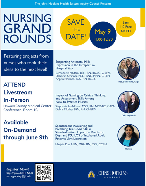 JHUNursing's tweet image. Catch #JHSON DNP Executive Track student Manjula Das' DNP project podium presentation at Nursing Grand Rounds on May 9th! #GoHopNurse  
Register here: bit.ly/42BeKut