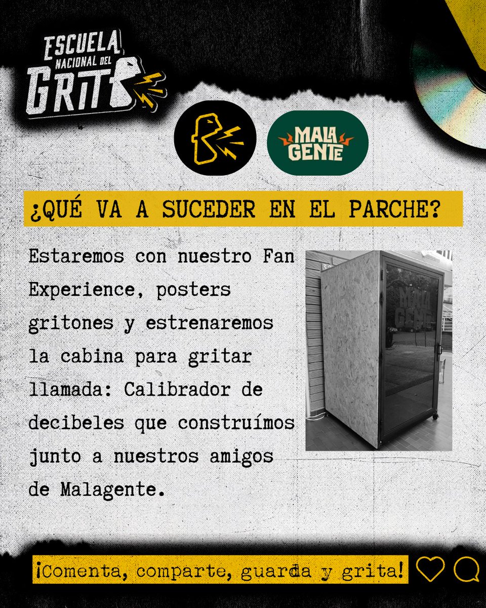 rockxlavidamed's tweet photo. La Escuela Nacional del Grito llega esta semana al Parche Demente de la @UdeA con su Fan Experience, posters que te harán gritar y el gran estreno del "Calibrador de decibeles", una cabina para gritar que creamos junto a los genios de @malagentecocinabar. Invita: @bienestarudea https://t.co/Rm72gy9Oqd