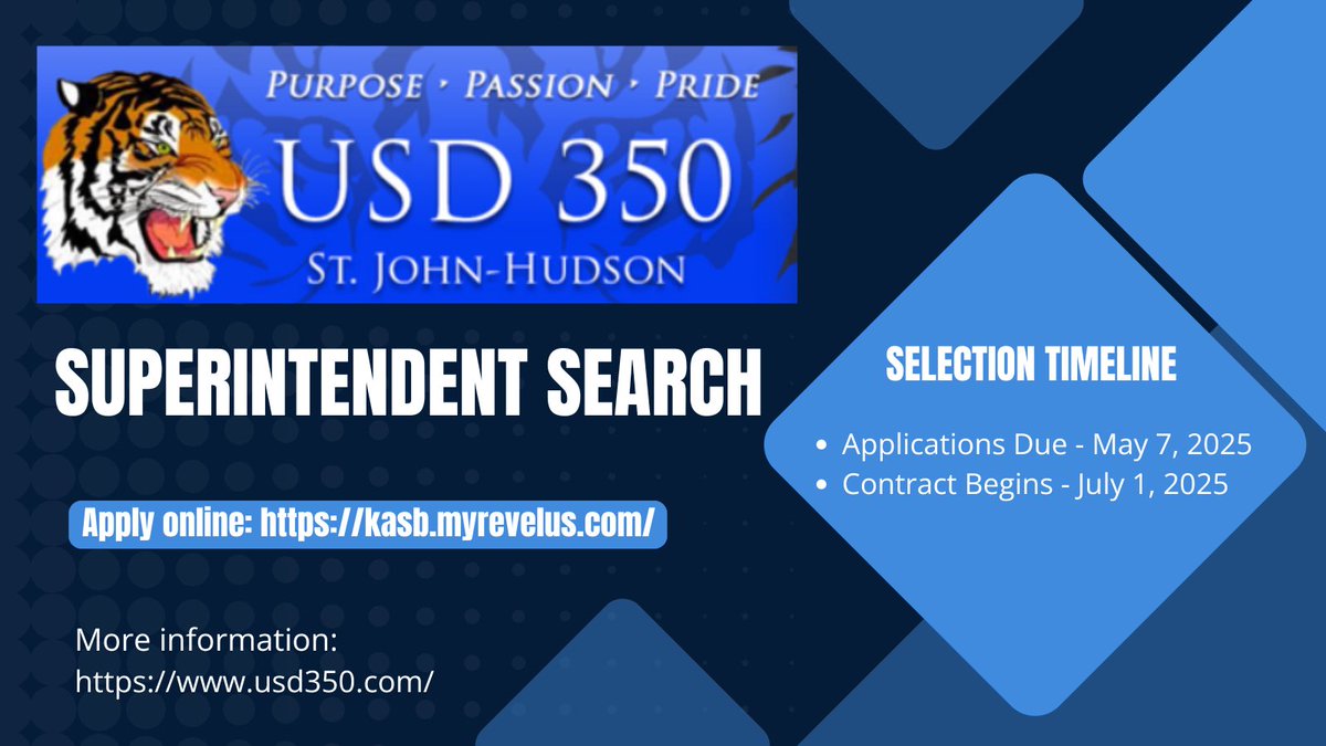 Outstanding opportunity to serve in USD 350 St. John-Hudson! Applications for superintendent due 5/7/2025!!! <a href="/KASBPublicEd/">Kansas Association of School Boards</a> #KSLeaders #ksed #k12hr #kssa kasb.myrevelus.com