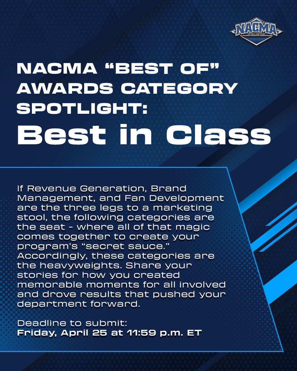 NACMA Awards category spotlight: Best in Class

From strategy to execution, if your campaign did it all, submit by 4/25!

#NACMA | 🔗 nacda.com/news/2025/2/20…