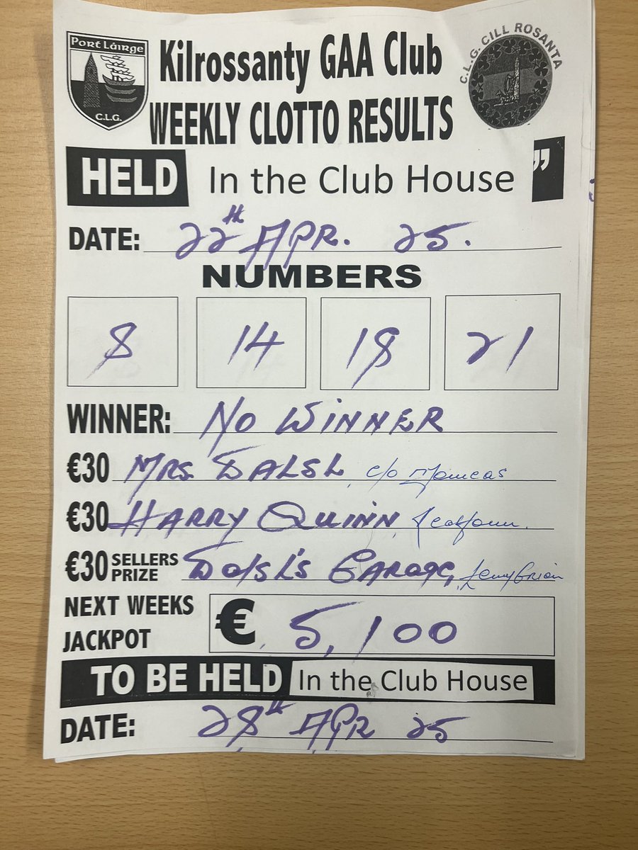 Lotto results sponsored by Kill Agri Kilrossanty.
