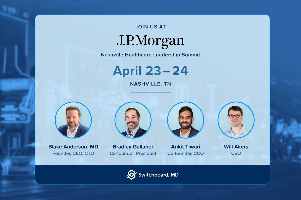 We’re getting ready for the J.P. Morgan Nashville Healthcare Leadership Summit!

Blake Anderson, Bradley Gallaher, Ankit Tiwari, and Will Akers will be in Nashville this week, connecting with leaders across healthcare to talk about how our physician-built AI is helping teams cut