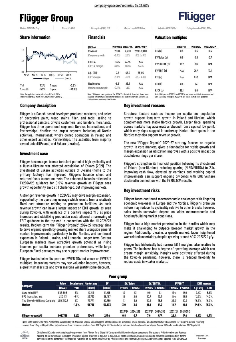 🇩🇰Flügger (One-pager): Poland remains the growth driver in Q3

Read the latest Flügger One-pager following its Q3'2024/25 trading update, which includes a brief description of Flügger, valuation perspectives relative to a peer group, and several key investment risks and key