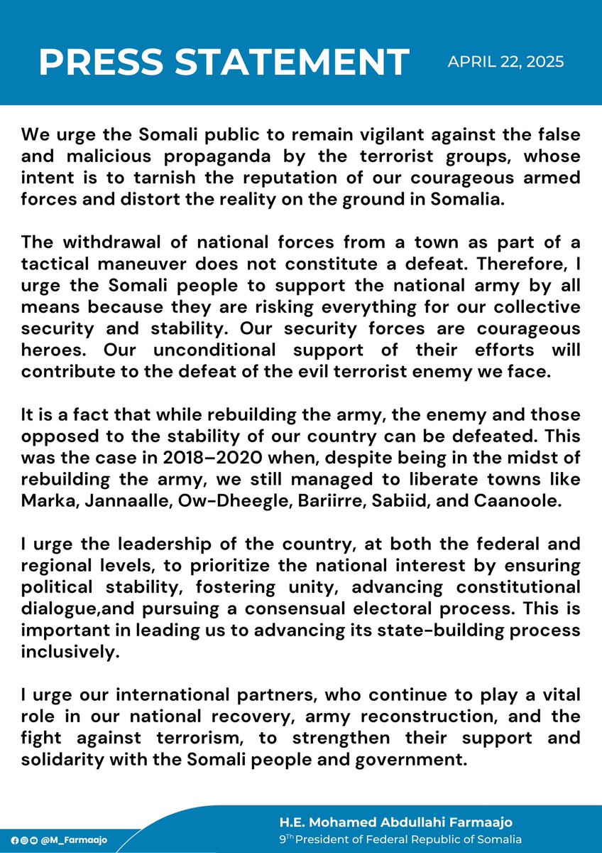 We must always support the Somali National Army in the fight against terrorists. They are heroes fighting evil on our behalf. I urge Somalia's political leadership to take the path of inclusive politics fostering unity, and advancing constitutional dialogue at this critical time.