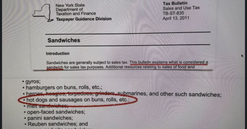 SpamRoss's tweet photo. “Is a hot dog a sandwich?” finally has a legally binding answer.

New York State places a sales tax on sandwiches. They need to define it.

And LO AND BEHOLD, what do we see on their official guidance?

Hot dogs.

Exactly why we started @NumeralTax
