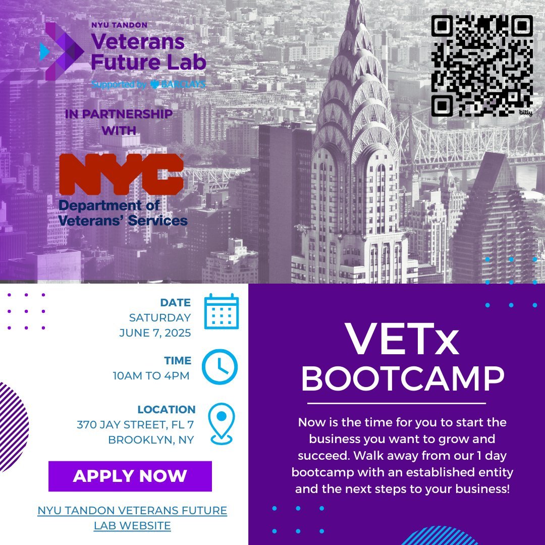NYC Department of Veterans' Services (@nycveterans) on Twitter photo DVS & <a href="/VetsFutureLab/">Veterans Future Lab</a> are now accepting applications for Veterans Entrepreneurship Training X (VETx) boot camp, held in person in NYC!
Deadline is June 2, and space is limited, so apply now!
LINK TO APPLICATION: lnkd.in/ebjq5TYA DVS & <a href="/VetsFutureLab/">Veterans Future Lab</a> are now accepting applications for Veterans Entrepreneurship Training X (VETx) boot camp, held in person in NYC!
Deadline is June 2, and space is limited, so apply now!
LINK TO APPLICATION: lnkd.in/ebjq5TYA
