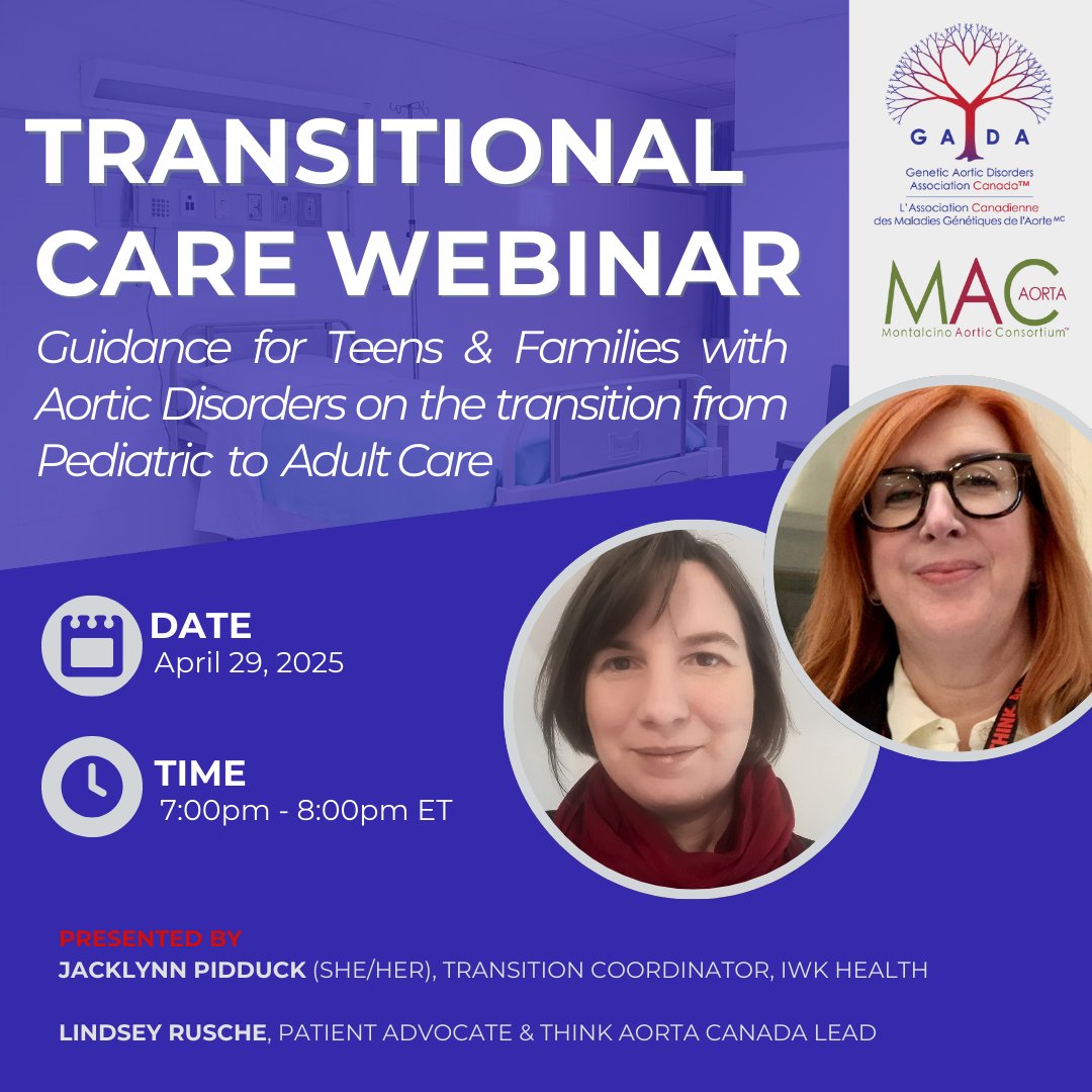 GADACanada (@aorticdisorders) on Twitter photo Remember to register for GADA Canada's Transitional Care Webinar. This webinar will guide teens and families with aortic disorders on making the important shift from pediatric to adult care. Sign up today: us06web.zoom.us/webinar/regist…
#aortaed #aorticdisorders Remember to register for GADA Canada's Transitional Care Webinar. This webinar will guide teens and families with aortic disorders on making the important shift from pediatric to adult care. Sign up today: us06web.zoom.us/webinar/regist…
#aortaed #aorticdisorders