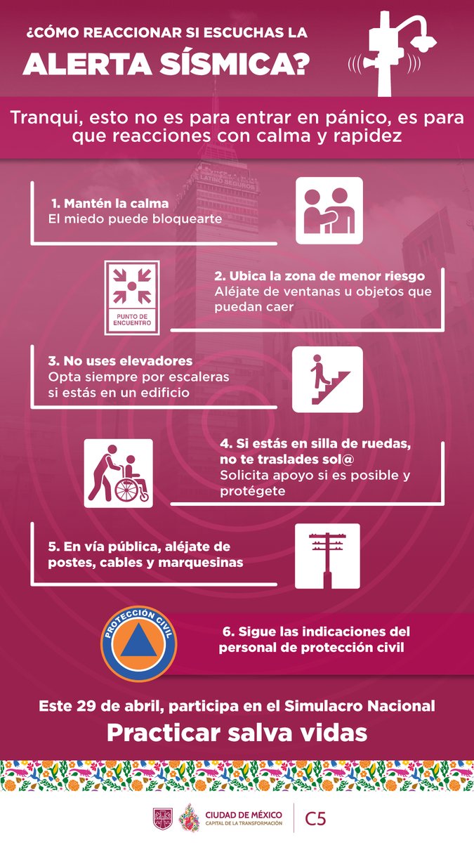 #IMPORTANTE 🚨🔊 La #AlertaSísmica se activará en la Ciudad de México el próximo 🗓️ 29 de abril a las ⏰ 11:30 horas durante el Primer #SimulacroNacional2025   🇲🇽
⚠️🔊 Recuerda que participar durante un simulacro es practicar para salvar vidas ❤️
#C5CorazónDeLaCDMX