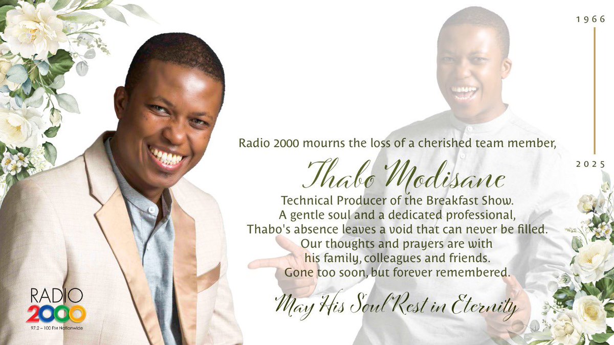 Radio 2000 (@radio2000_za) on Twitter photo Honouring the life and legacy of Thabo Modisane. May his memory inspire us to live with purpose and joy. Join us in remembering him 🔗📩 rb.gy/x2fbwm
<a href="/ThaboModisane/">Thabo Modisane</a> Honouring the life and legacy of Thabo Modisane. May his memory inspire us to live with purpose and joy. Join us in remembering him 🔗📩 rb.gy/x2fbwm
<a href="/ThaboModisane/">Thabo Modisane</a>