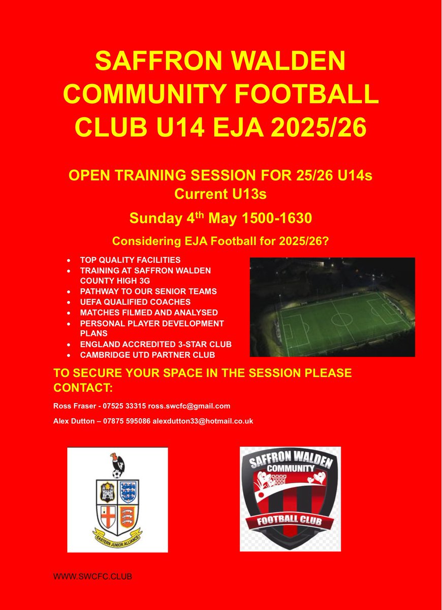 Saffron Walden Community FC (@swcommunityfc) on Twitter photo Our U14 EJA squad for 25/26 season is holding an open training session on Sun, May 4, 2025 <a href="/tweetswchs/">Saffron Walden County High School</a>
Details are in the poster. If you’re considering Eastern Junior Alliance football, please contact Ross or Alex to secure a place. 🔴⚫️⚽️
<a href="/SWTFootballClub/">Saffron Walden Town FC</a> <a href="/EssexCountyFA/">Essex County FA</a> Our U14 EJA squad for 25/26 season is holding an open training session on Sun, May 4, 2025 <a href="/tweetswchs/">Saffron Walden County High School</a>
Details are in the poster. If you’re considering Eastern Junior Alliance football, please contact Ross or Alex to secure a place. 🔴⚫️⚽️
<a href="/SWTFootballClub/">Saffron Walden Town FC</a> <a href="/EssexCountyFA/">Essex County FA</a>