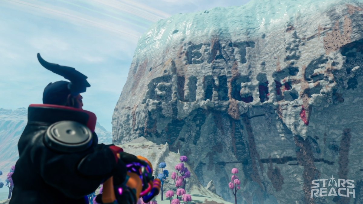 Bliargho stumbled upon a massive mountainside carving: “EAT GUNCHIES,” proudly etched by the G.U.N.C. community. Equal parts art, anthem, and inside joke, it's a bold reminder that spirit runs deep and snacks run deeper.

#StarsReach #MMORPG
