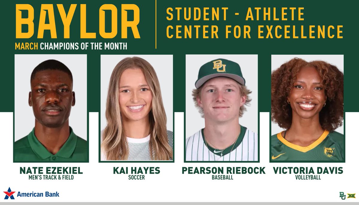 Huge congrats to our March Champions of the Month! 🏆🌟 These student-athletes continue to raise the bar with their hard work, leadership, and impact—on and off the field! 💪💫

🔗 baylorbears.com/news/2025/4/14…