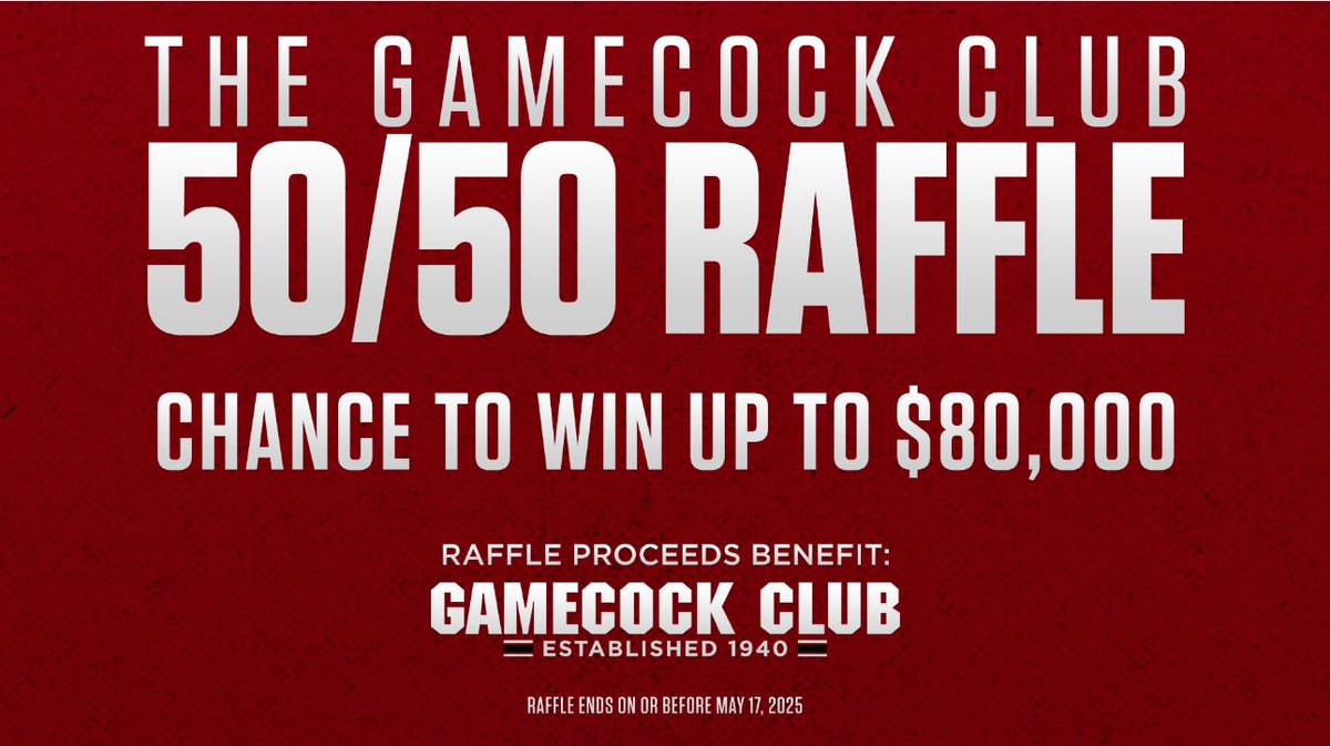 BIGCAT (@josiahtthompson) on Twitter photo Want the chance to win up to $80,000? Enter the <a href="/TheGamecockClub/">The Gamecock Club</a>'s 50/50 raffle today!
→ gamecockclub5050.us.bumpcbnraffle.com
#gamecocks | #ForeverToThee Want the chance to win up to $80,000? Enter the <a href="/TheGamecockClub/">The Gamecock Club</a>'s 50/50 raffle today!
→ gamecockclub5050.us.bumpcbnraffle.com
#gamecocks | #ForeverToThee