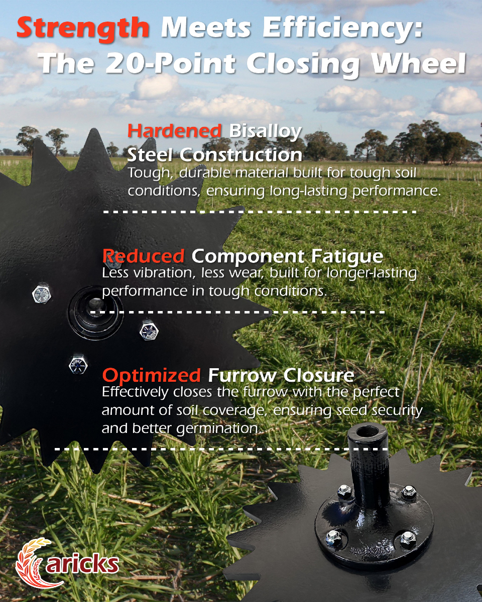 AricksUSA's tweet photo. Crush sidewall compaction, close the furrow, and keep your seeds protected. The Aricks 20 Point Closing Wheel gets it done.
Designed for a firm seedbed and better emergence. Learn more, Click the link below! 👇
https://t.co/nqFjRWG8GE
#Aricks #BetterEmergence #agriculture https://t.co/znToYsE2P3