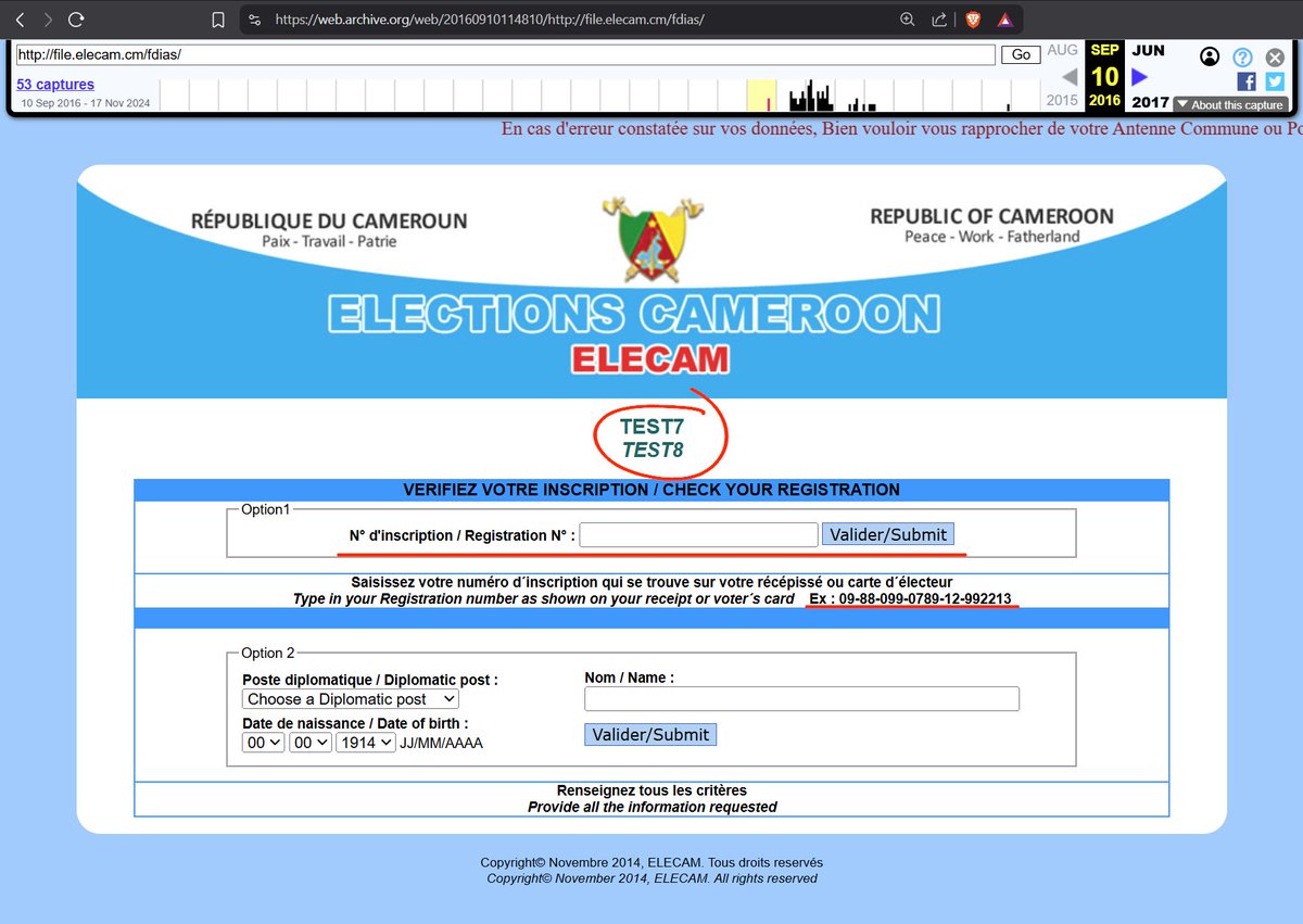 En consultant les archives web, c'est clair que <a href="/elecamofficiel/">ELECAM Elections Cameroon</a> avait la faille d'énumération depuis le début cad au-moins depuis 2016!
Et comme l'a indiqué le journaleux Jean Marie ANABA sur Canal2, ELECAM a l'habitude de faire ses tests directement en live. Bon à savoir🫡
