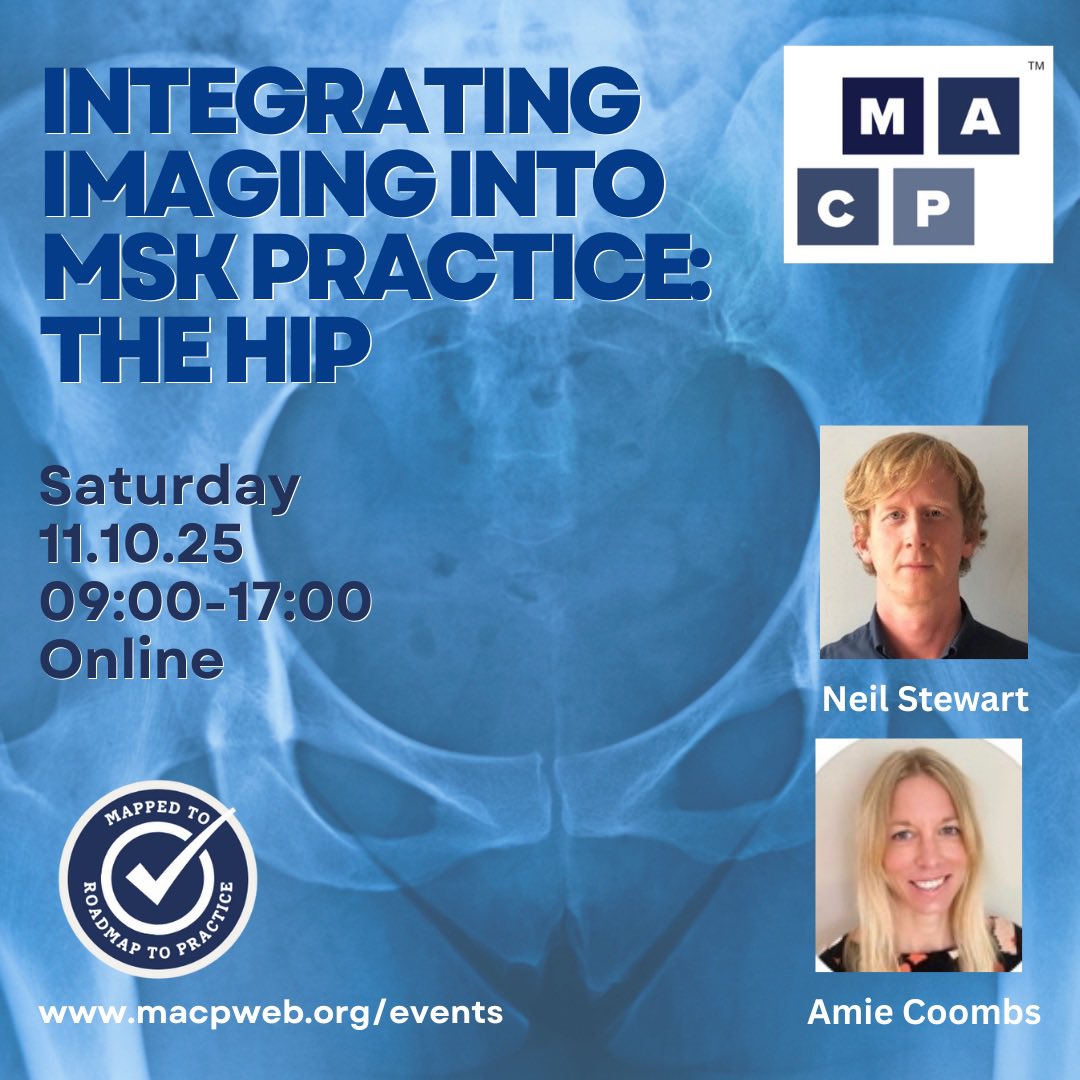 MACP (@physiomacp) on Twitter photo Improve your clinical reasoning when requesting and interpreting hip imaging on this excellent course with expert tutors <a href="/AmieCoombs2/">Amie Coombs</a> and <a href="/neilstewart101/">Neil Stewart</a>
All from the comfort of your sofa!
Book your place here👇🏽
macpweb.org/events/473/int… Improve your clinical reasoning when requesting and interpreting hip imaging on this excellent course with expert tutors <a href="/AmieCoombs2/">Amie Coombs</a> and <a href="/neilstewart101/">Neil Stewart</a>
All from the comfort of your sofa!
Book your place here👇🏽
macpweb.org/events/473/int…