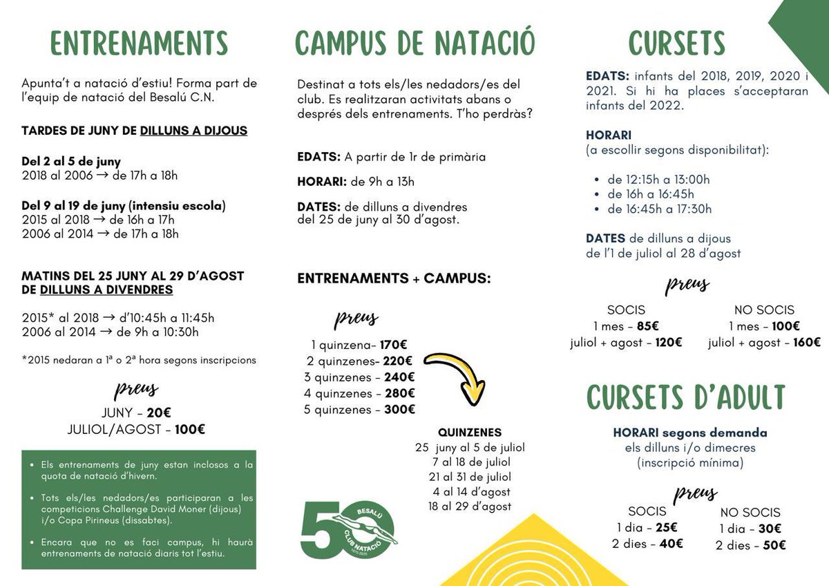 BESALÚ CLUB NATACIÓ (@besalucnatacio) on Twitter photo 📢 Activitats Estiu'25‼️ <a href="/BesaluCnatacio/">BESALÚ CLUB NATACIÓ</a> 🗓️ Aquí trobareu informació d'horaris, edats i preus de cursets, campus i entrenaments.
Aquest any fem 50 anys‼️💚🖤💚🏊
<a href="/Aj_Besalu/">Ajuntament de Besalú</a> <a href="/lluisguino/">Lluís Guinó Subirós</a> <a href="/Joan_Puigdevall/">Joan Puigdevall</a> <a href="/JoanSerraS/">🎗Joan Serra Serrat</a> <a href="/paula_torrent/">PAULA TORRENT SERRA</a> <a href="/mbusquets80/">mireia busquets🎗</a> <a href="/pitre1977/">Jordi</a> <a href="/RoserHinojal/">Roser Hinojal</a> @ 📢 Activitats Estiu'25‼️ <a href="/BesaluCnatacio/">BESALÚ CLUB NATACIÓ</a> 🗓️ Aquí trobareu informació d'horaris, edats i preus de cursets, campus i entrenaments.
Aquest any fem 50 anys‼️💚🖤💚🏊
<a href="/Aj_Besalu/">Ajuntament de Besalú</a> <a href="/lluisguino/">Lluís Guinó Subirós</a> <a href="/Joan_Puigdevall/">Joan Puigdevall</a> <a href="/JoanSerraS/">🎗Joan Serra Serrat</a> <a href="/paula_torrent/">PAULA TORRENT SERRA</a> <a href="/mbusquets80/">mireia busquets🎗</a> <a href="/pitre1977/">Jordi</a> <a href="/RoserHinojal/">Roser Hinojal</a> @