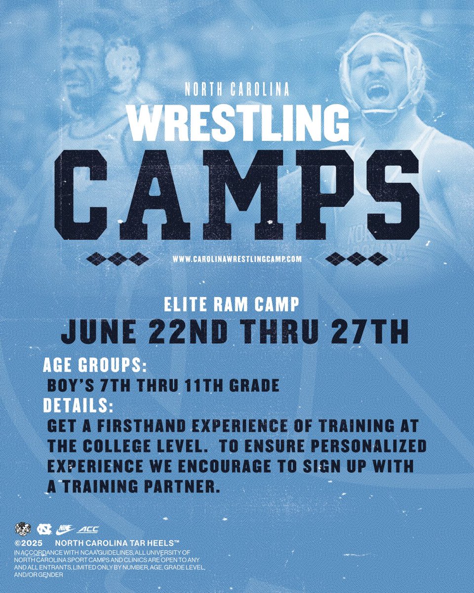 Limited spots left for our Elite Ram Camp! Join us in Chapel Hill this summer for personalized training, mental prep, and film breakdowns led by our coaching staff and counselors. Don’t miss out!

carolinawrestlingcamp.com/2025-elite-ram…