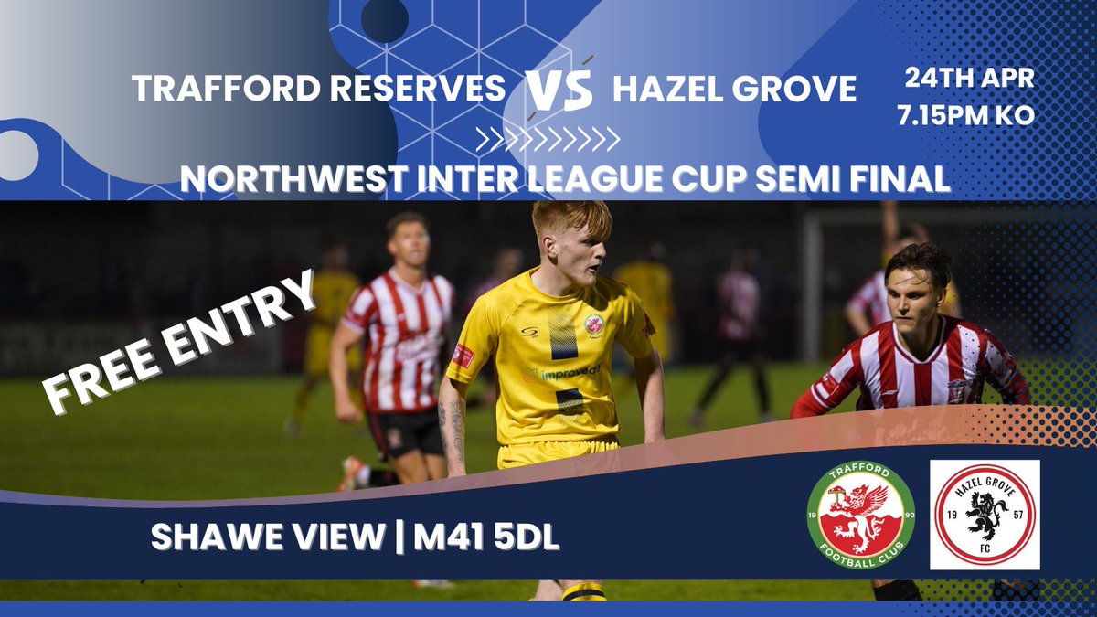 Trafford FC (@fctrafford) on Twitter photo The 1st team's home games may be over for this season, but there's no let up! Our RESERVES are in Inter-League Cup Semi-Final action this Thursday against Hazel Grove 7.15pm kick off. It's FREE ENTRY to the <a href="/awaydaycaremcr/">Away Day Care</a> Shawe View stadium, and ALL the facilities are OPEN! The 1st team's home games may be over for this season, but there's no let up! Our RESERVES are in Inter-League Cup Semi-Final action this Thursday against Hazel Grove 7.15pm kick off. It's FREE ENTRY to the <a href="/awaydaycaremcr/">Away Day Care</a> Shawe View stadium, and ALL the facilities are OPEN!