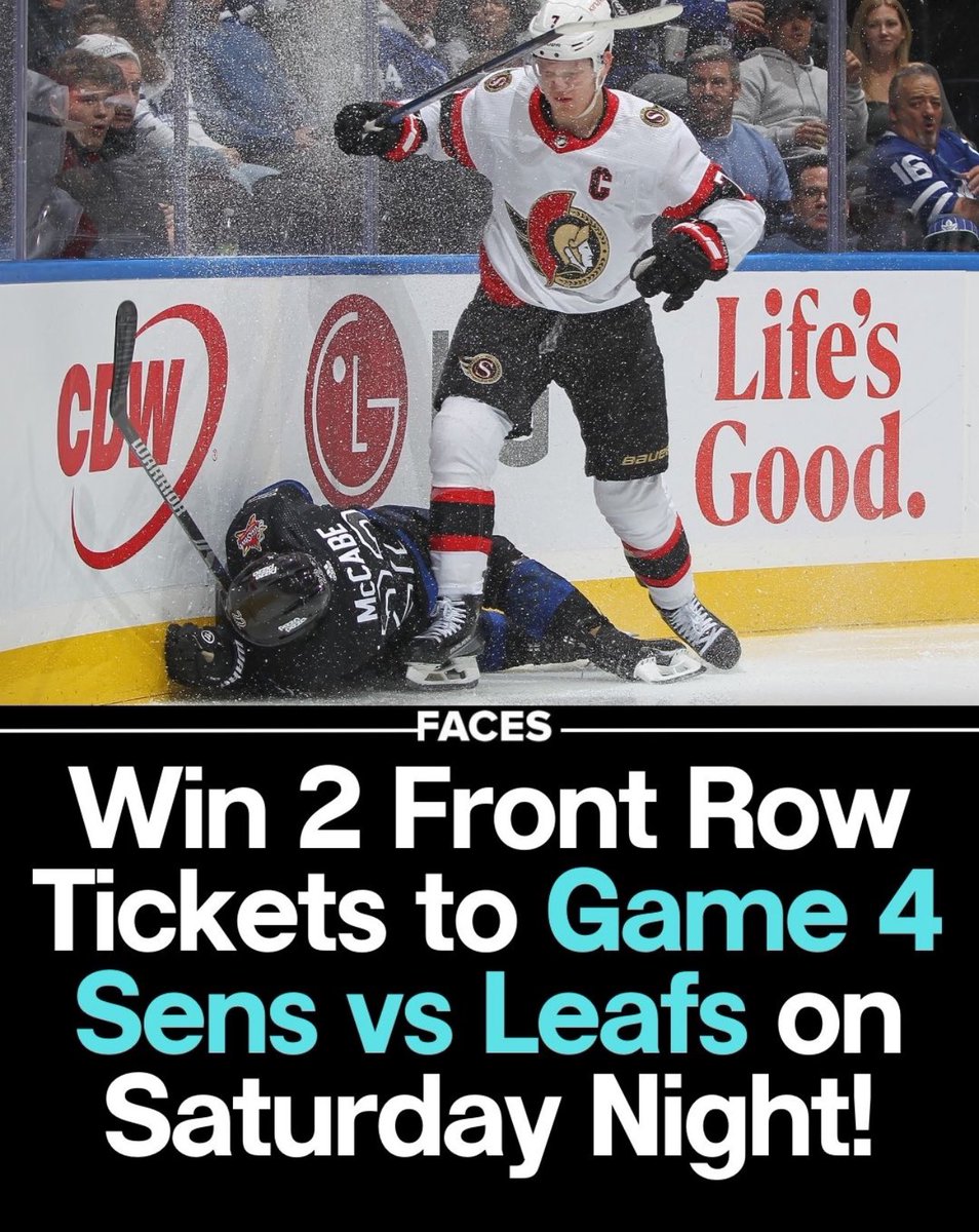 Faces Magazine (@facesottawa) on Twitter photo 🚨RT & Follow <a href="/facesottawa/">Faces Magazine</a> for your chance to win 2 FRONT ROW Tickets to Game 4 #GoSensGo vs #LeafsForever on Saturday night! 🚨RT & Follow <a href="/facesottawa/">Faces Magazine</a> for your chance to win 2 FRONT ROW Tickets to Game 4 #GoSensGo vs #LeafsForever on Saturday night!