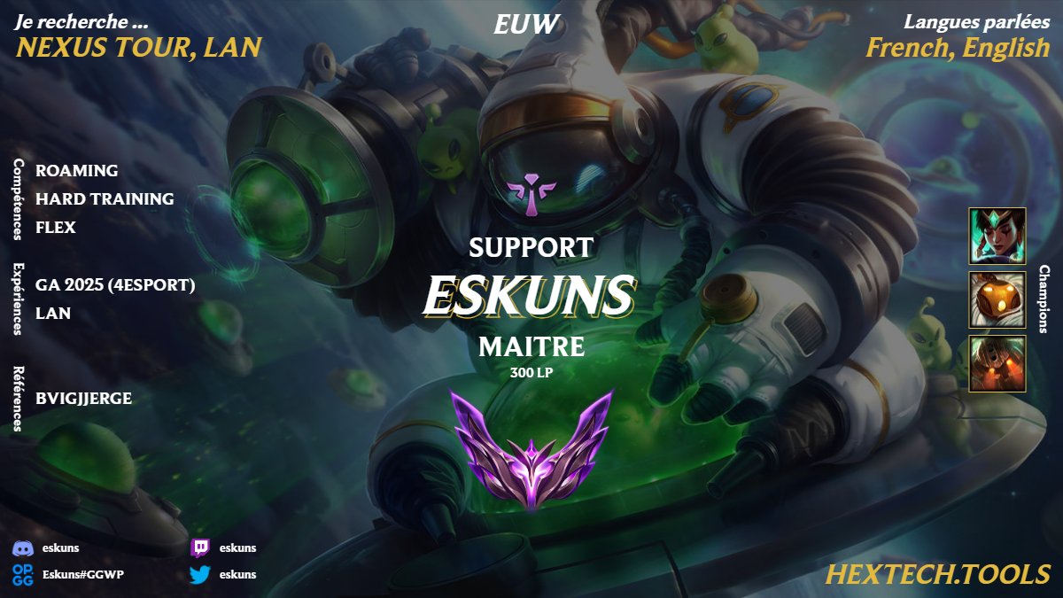 LFT Lol - Support
Age 20
Peak Master 444 LP this split
DMs open !

Can speak 🇫🇷 &amp; 🇬🇧

Likes &amp; RT's are appreciated 🫶❤️