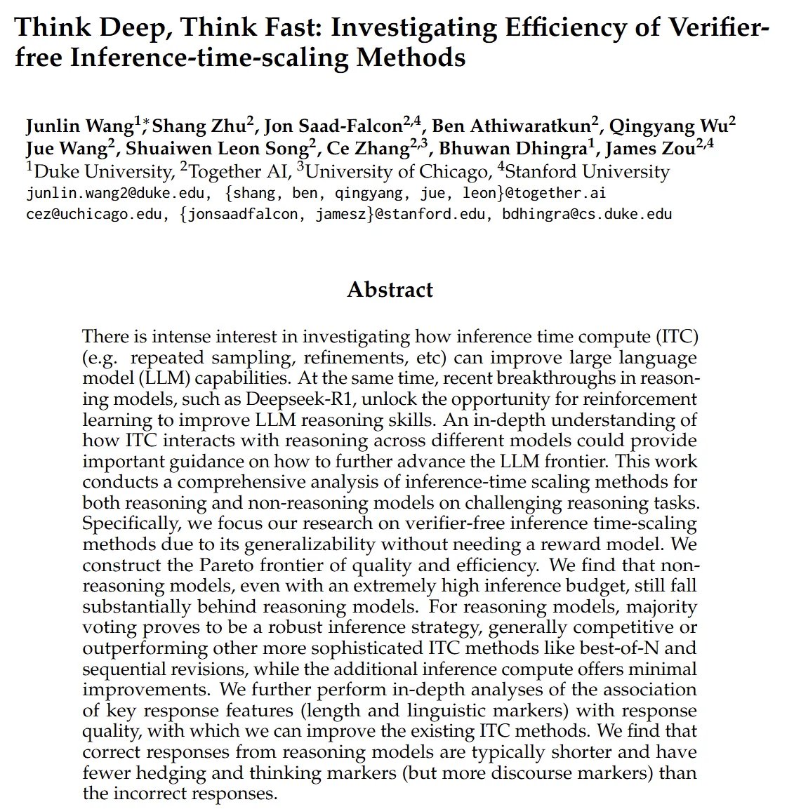 Junlin Wang (@junlinwang3) on Twitter photo Excited to share work from my <a href="/togethercompute/">Together AI</a> internshipβa deep dive into inferenceβtime scaling methods π§
We rigorously evaluated verifierβfree inference-time scaling methods across both reasoning and nonβreasoning LLMs. Some key findings:
π Even with huge rollout budgets, Excited to share work from my <a href="/togethercompute/">Together AI</a> internshipβa deep dive into inferenceβtime scaling methods π§
We rigorously evaluated verifierβfree inference-time scaling methods across both reasoning and nonβreasoning LLMs. Some key findings:
π Even with huge rollout budgets,