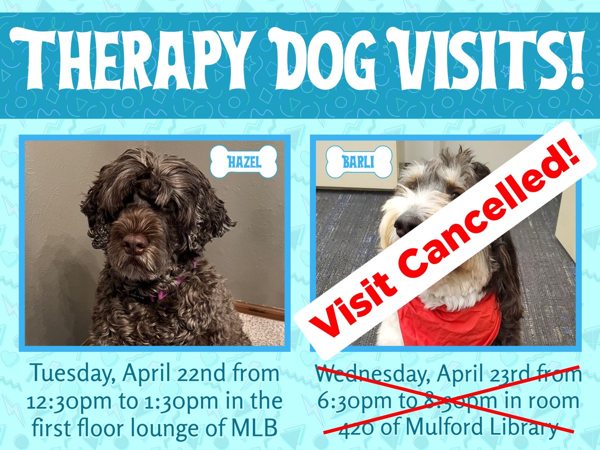 UPDATE: Barli's therapy dog visit originally scheduled for Wednesday, April 23 has been cancelled. Thank you for your understanding!