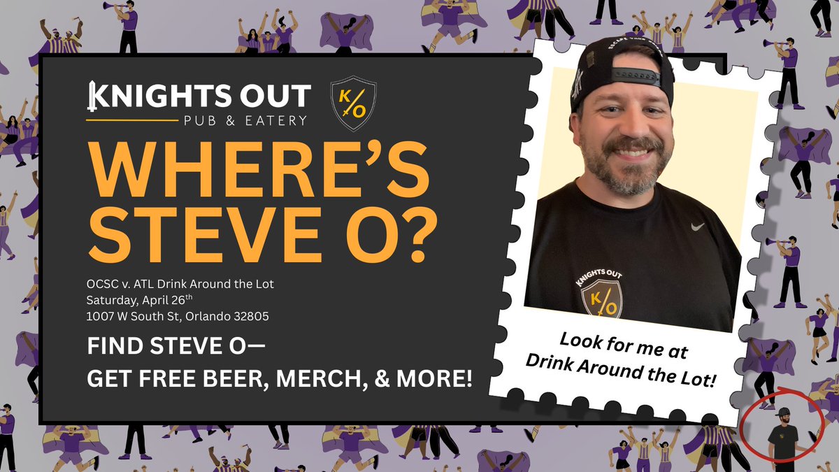 Where's Steve O!? We are excited for Drink Around the Lot with <a href="/RuckusOrlando/">RUCKUS</a>.

Look for Steve O at the Knights Out tent and you might just find some free beer 👀 

Drink Around the Lot info:
Saturday, April 26th
Orlando City v. Atlanta United
1007 W South St, Orlando 32805