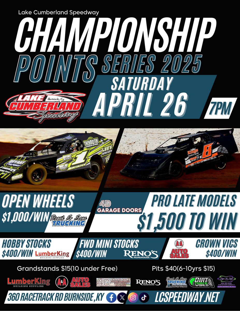 Our 1st points night SATURDAY, APRIL 26th 7pm!
4D Garage Doors Pro Late Models $1,500/win
Roark &amp; Sons Transport Mods $1,000/win
Lumber King Hobby Stocks, Reno’s FWD Mini Stocks &amp; A&amp;A Auto Sales Crown Vics 
$400/win each division! 
LCSpeedway.net