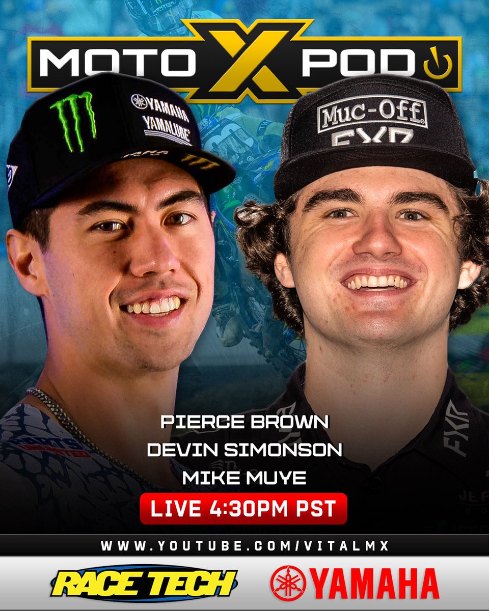 MOTOXP0D's tweet image. Tonight we have Pierce Brown, Devin Simonson, & Mike Muye live at 430Pac/730Eastern on the Vitalmx YouTube channel. Thnx @racetechsuspen @YamahaRacingcom
@xbrandgoggles @fxrmoto @guts_racing_inc @Evanscooling @proxracingparts @tboltusa @etsracingfuels