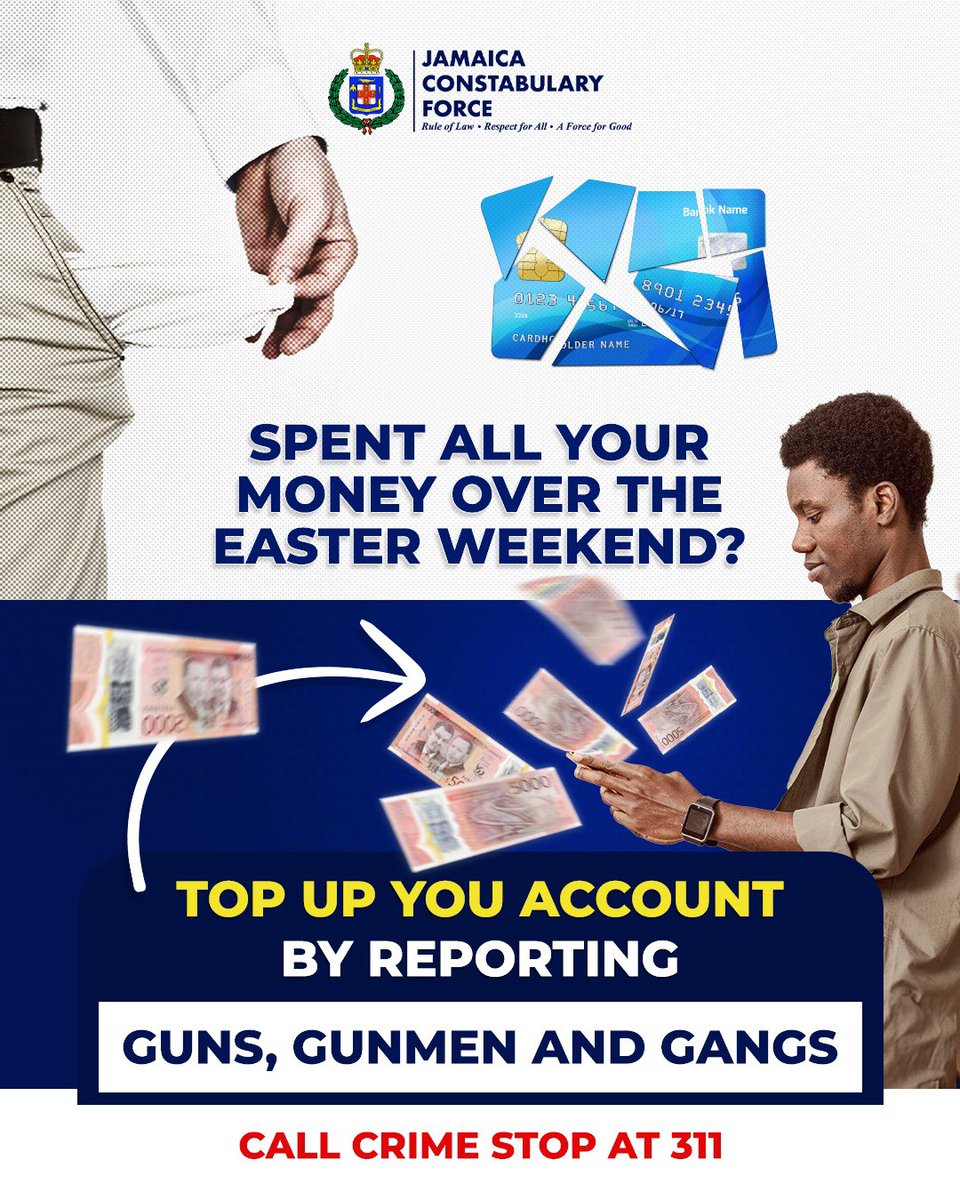 Easter money dun?? Top up back your account by reporting the gun!

Report guns, gunmen and gangs to @crimestopjamaica at 311. 

#AForce4Good
