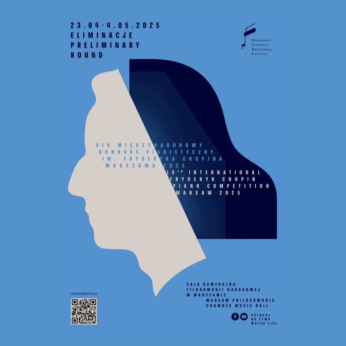 The preliminary round of the 19th Chopin Competition is about to begin! 

🎥 Follow the live broadcast on our YouTube channel, starting on 23 April, 10 a.m. CEST 👉 youtube.com/@chopininstitu… 

#chopincompetition #chopin2025