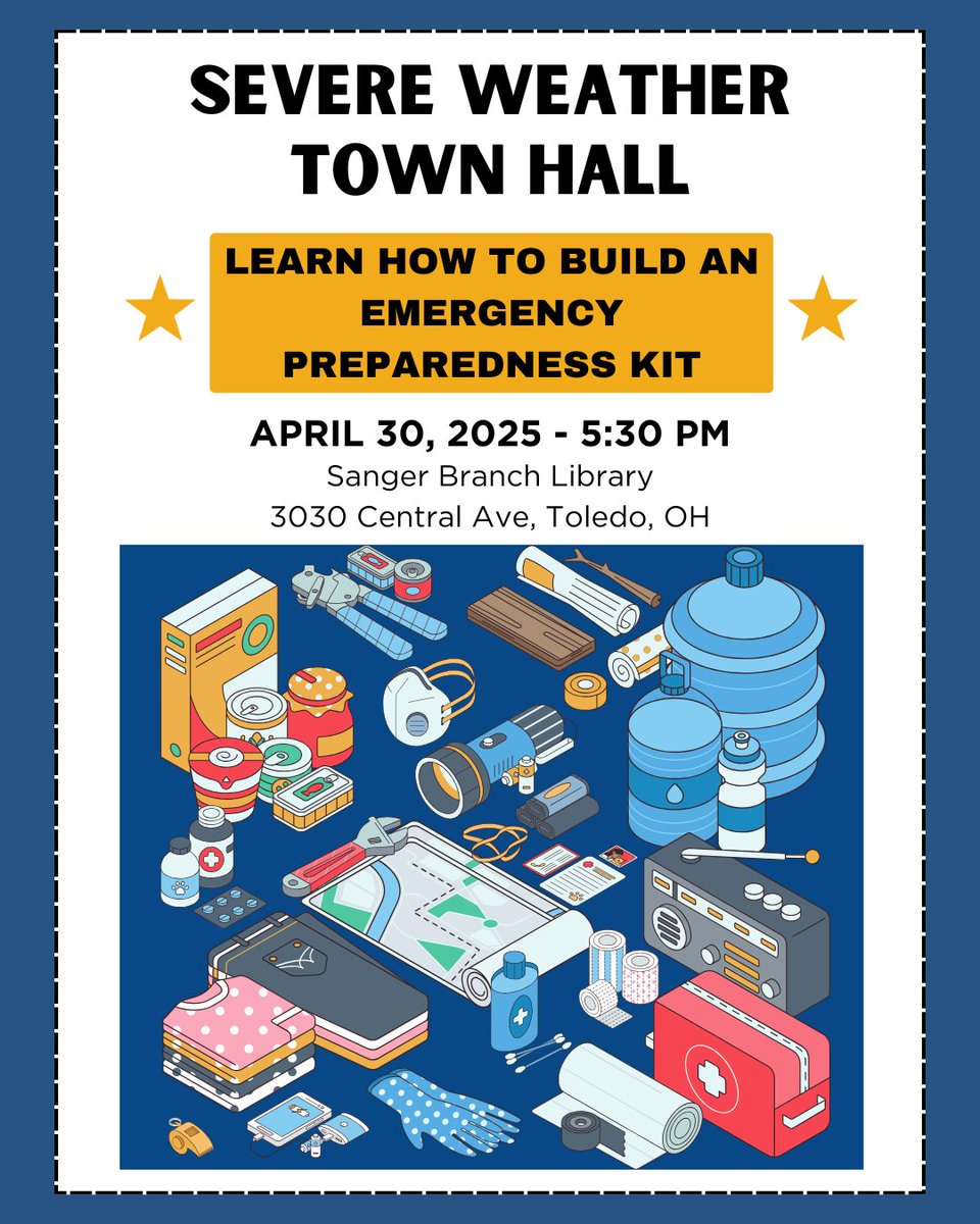 Lucas County EMA will be hosting a Severe Weather Town Hall next week on Wednesday, April 30th at 5:30 pm at the Sanger Branch Library.

⭐ Our team will be showing off an example emergency preparedness kit and will be available to help attendees learn how to build their own ⭐