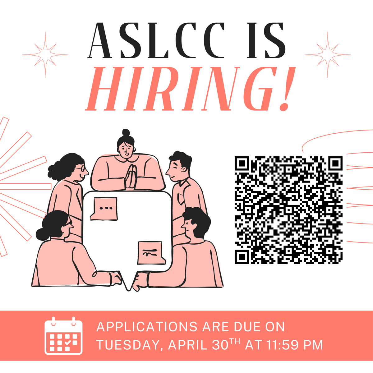 LCC_studentgov's tweet photo. ASLCC IS HIRING FOR THE 2025-2026 ACADEMIC YEAR! 
We are accepting applications until April 30th &amp; interviews will be in the 1st week of May.

Apply through this link OR through QR code on post:
https://t.co/eYSq3lhFGv
Student Government Job Descriptions:
https://t.co/zNs0rV02TA https://t.co/hQ4UR0YthL