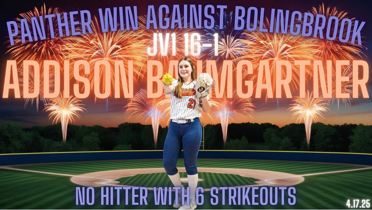 JV1 Panthers shut down Bolingbrook with a huge 16-1 WIN!
<a href="/JuliaBlomstran3/">Julia Blomstrand</a> had a walk off in the park HOME RUN to end the game 
<a href="/Addibaum2027/">Addison Baumgartner</a> pitched a no hitter with 6 strikeouts