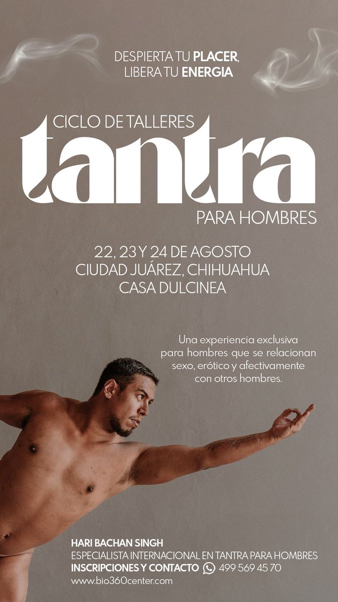 Despierta tu Placer, Libera tu Energía 

Ciclo de Tantra para Hombres en Cd. Juárez, Chihuahua

22, 23 y 24 de agosto de 2025

Cd. Juárez, Chihuahua

Una experiencia exclusiva para hombres que se relacionan sexo, erótico y afectivamente con otros hombres.

Un espacio seguro,