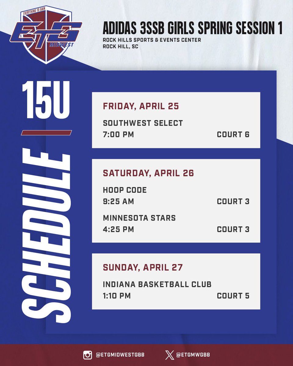 ETG Midwest Elite Girls 3SSB (@etgmwgbb) on Twitter photo Come Check out our 15’s this Weekend in Rock Hill, SC for Session 1 of <a href="/3SSBGCircuit/">3Stripes Select Basketball Girls Circuit</a>‼️ Come Check out our 15’s this Weekend in Rock Hill, SC for Session 1 of <a href="/3SSBGCircuit/">3Stripes Select Basketball Girls Circuit</a>‼️