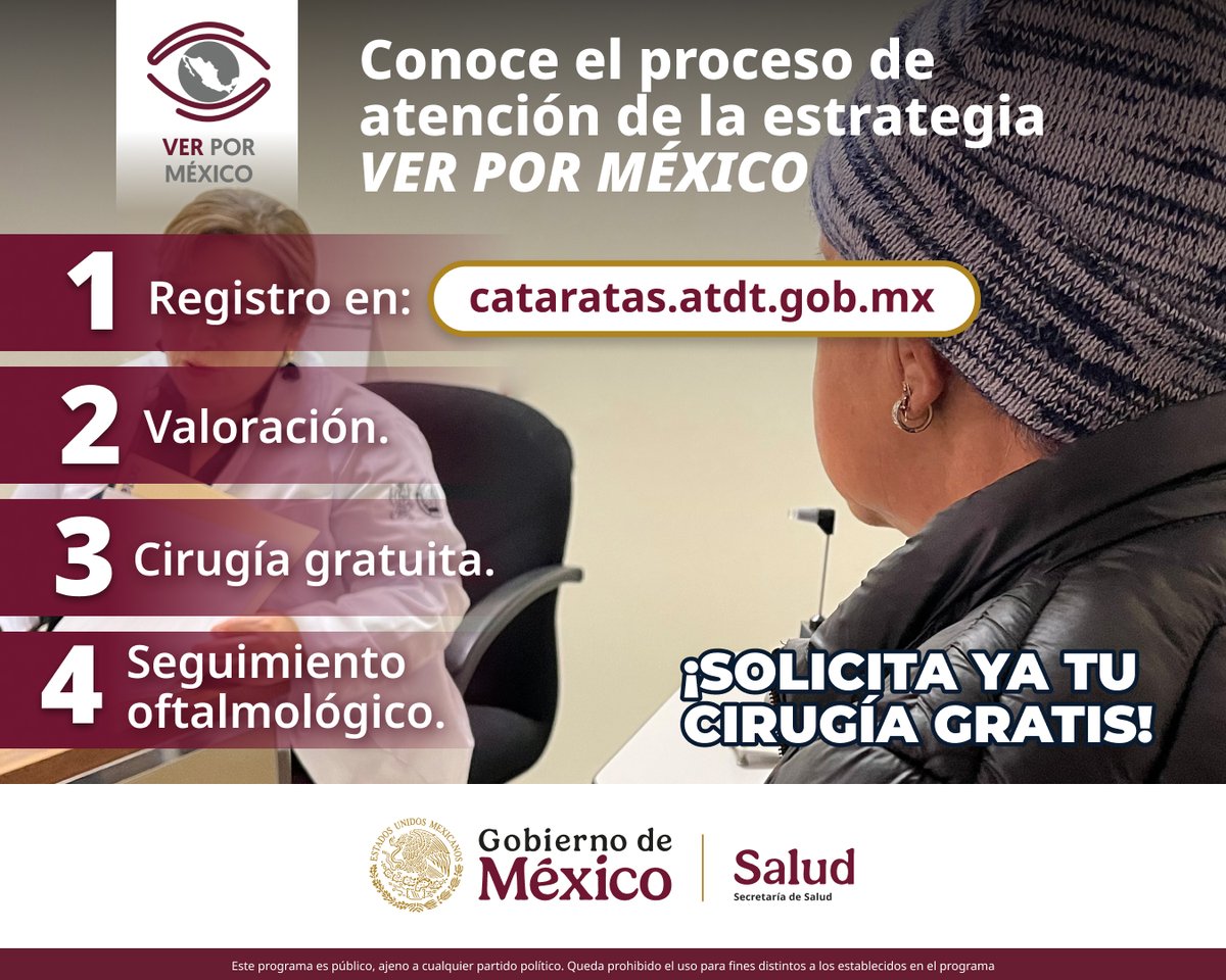 SSalud_mx's tweet photo. ¿Conoces a una persona mayor con problemas de visión por catarata? 👁

Gracias a la Estrategia Nacional de Cirugía de Catarata ”Ver Por México”, más mexicanas y mexicanos mayores de 60 años tienen la oportunidad de recuperar su visión 👁 ✨

Si tienes un familiar o un conocido con problema de catarata, apóyale a realizar su registro en ➡ https://t.co/NnUi09hmsk