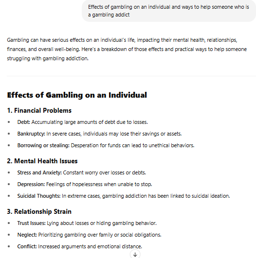 NdaigaLil's tweet photo. #ALX_AiSK @alx_africa Day 2 learning about how to write clearer prompts. Used ChatGPT to help me understand the effects of gambling on an individual and how to help a gambling addict. Here are the results https://t.co/GLlcQBvrhb
