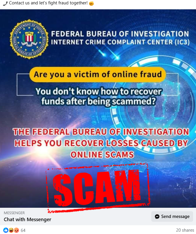 🚨 Scam after the scam — beware of recovery scams
Scammers are posing as the FBI or IC3, promising to get your stolen money back… for a fee. 
The FBI warns: they’ll never charge you.
Don’t fall for it. Report at ic3.gov
#ScamAwareness #RecoveryScams #SeraphSecure