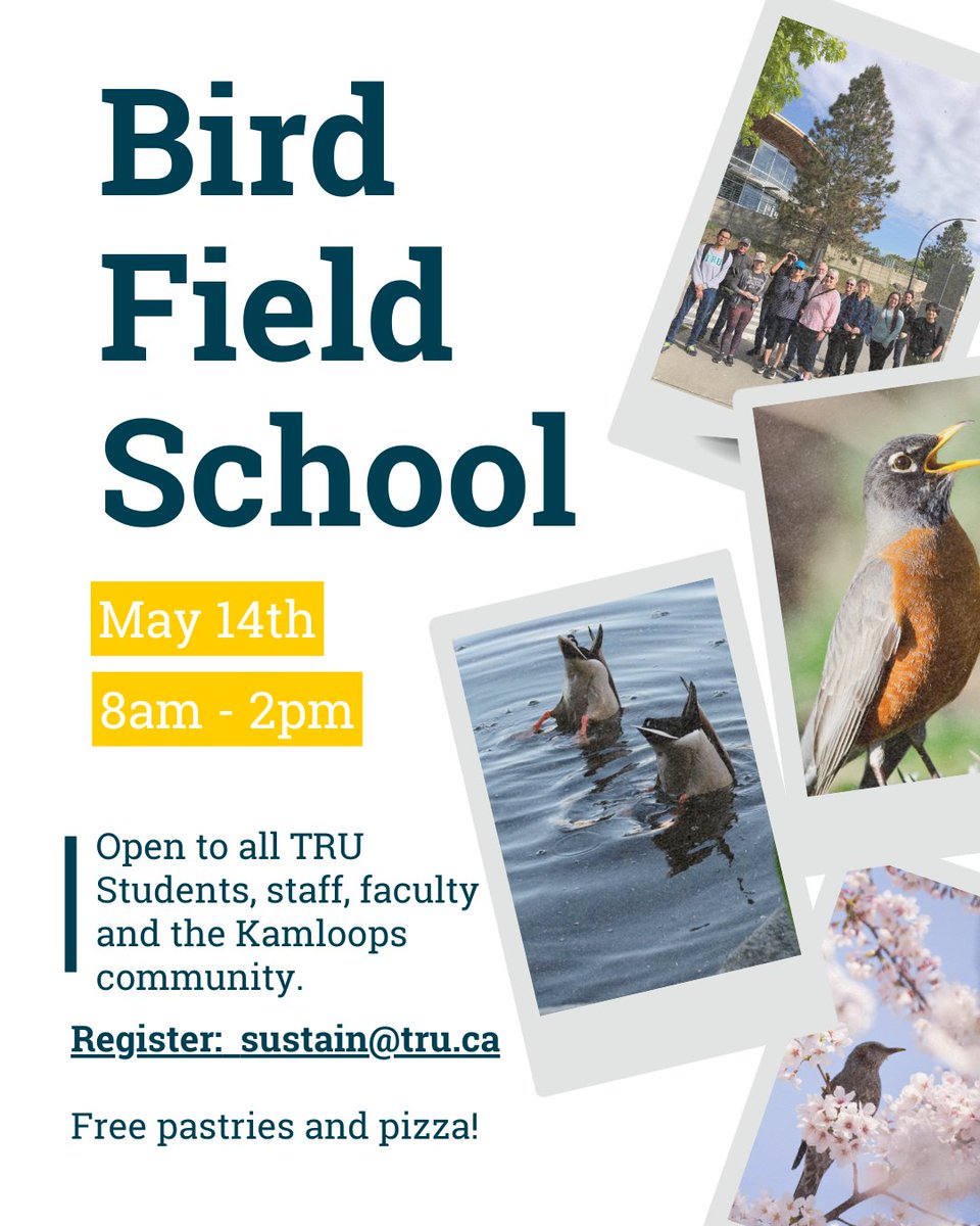 TRU Sustainability (@trusustain) on Twitter photo Join us for Bird Field School on May 14 from 8AMā2PM! Meet at the Garden gazebo for free pastries and wrap up in the same place at noon for pizza lunch. And everything is free!
Please register before May 12th : sustain@tru.ca Join us for Bird Field School on May 14 from 8AMā2PM! Meet at the Garden gazebo for free pastries and wrap up in the same place at noon for pizza lunch. And everything is free!
Please register before May 12th : sustain@tru.ca