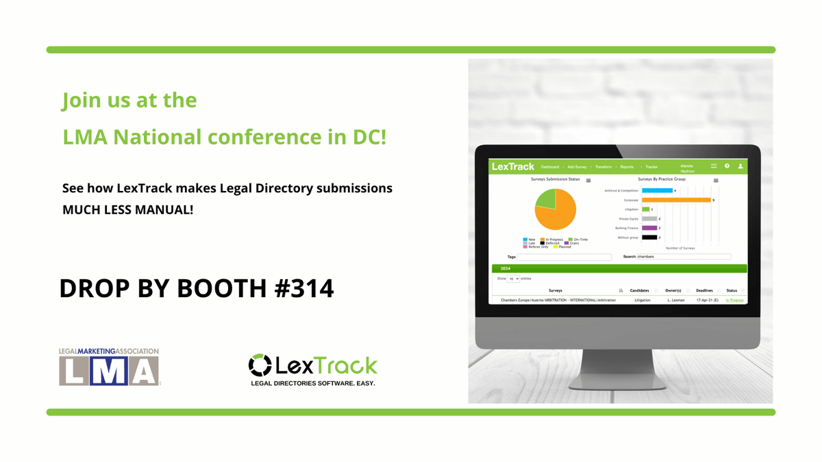 LexTrack's tweet photo. Woohoo one day until #LMA25 in Washington, DC! We hope to see you there. Stop by the LexTrack booth and say hello - we can show you how to make your legal directories process LESS MANUAL! 
#LMA #Legaldirectories #legalmarketing https://t.co/3sLFpEK86a