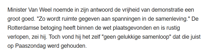 Een constante stroom aan fascistische retoriek, maar deze wil ik uitlichten:

mogen Moslims, voor wie Pasen niets betekent, niet eens demonstreren op Paaszondag? Dat is helemaal niet 'ongelukkig'. Dit is gewoon zoeken naar iets om te zeiken.