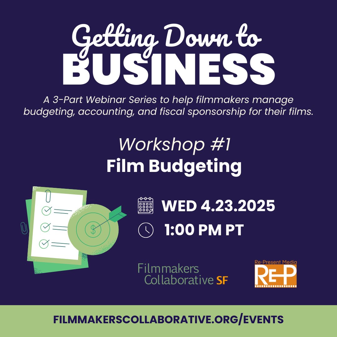 Join us tomorrow to learn the basics of film budgeting!

Wed, April 23, 1:00pm PT

Presented by Filmmakers Collaborative SF and Re-Present Media

Free / Sliding scale donation

filmmakerscollaborative.org/events
